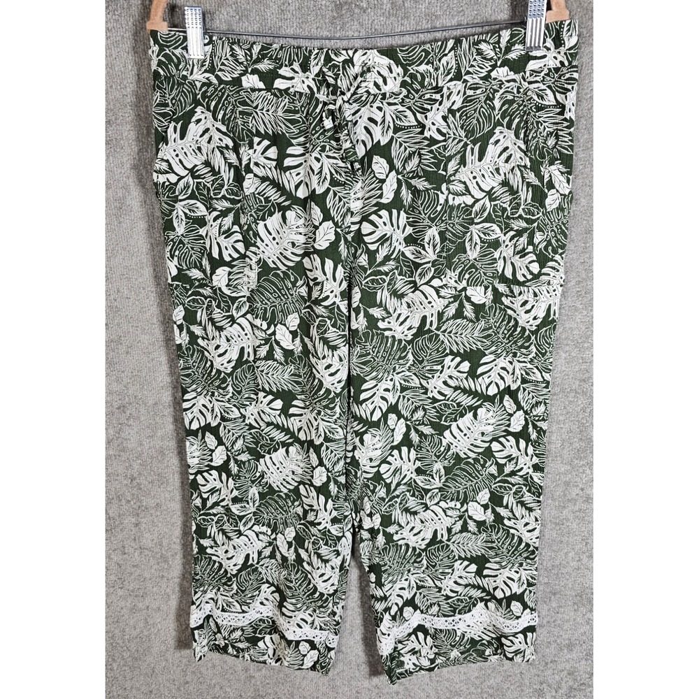 Robert Louis Crop Pants Womens Large Green Tropical‎ Crinkle Pockets Drawstring
